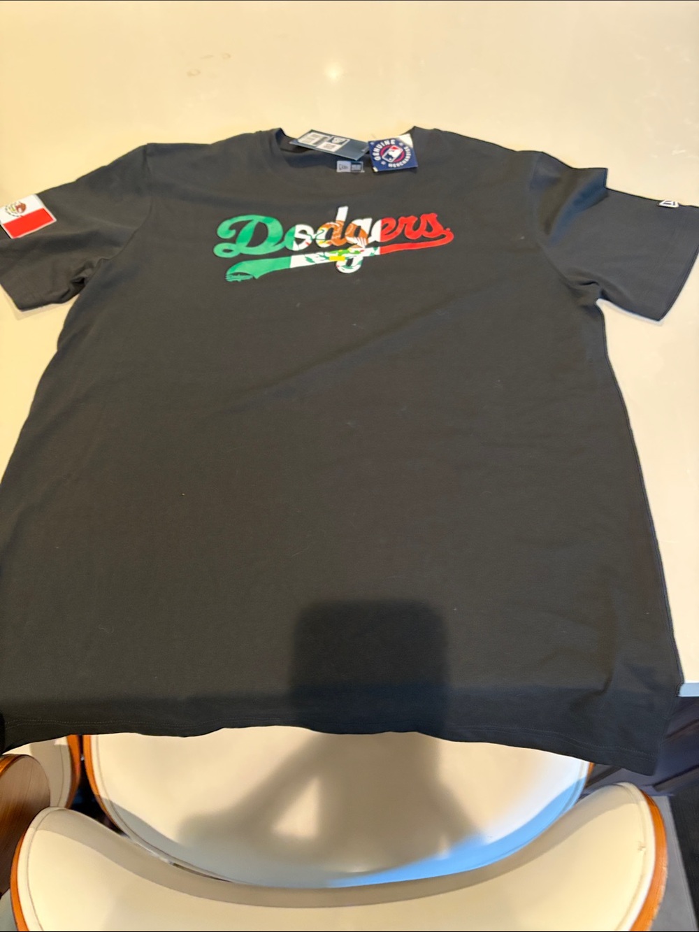 New Era Black Dodgers Tee with Green-White-Red Script